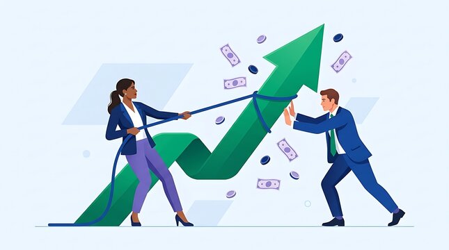 Business partners working together to lift a green financial growth arrow with business financial investment strategy corporate partners