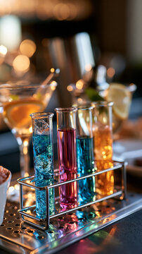 Molecular gastronomy cocktail served in a test tube rack on a bright bar counter experimental and scientific presentation cocktail test tube rack molecular gastronomy mixology bar