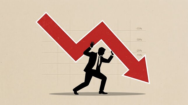 Businessman holding and supporting a heavy red downward falling arrow with business pressure financial recession corporate businessman economics