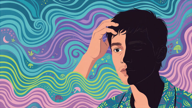 Woman holding head amid colorful swirling lines