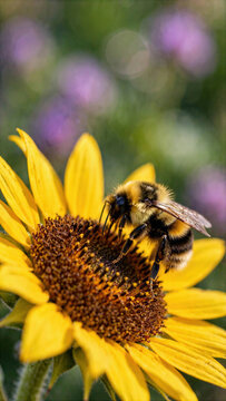 Bumblebee collecting pollen from yellow sunflower