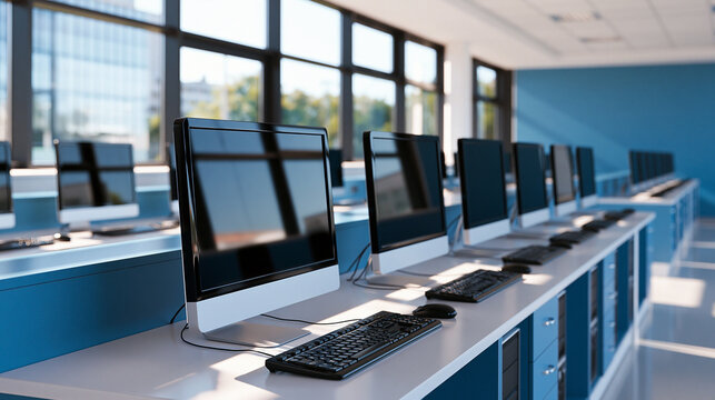 Empty modern computer lab with rows of desks and monitors accented by cool blue decor under bright even lighting suitable for school or university computer lab monitors technology