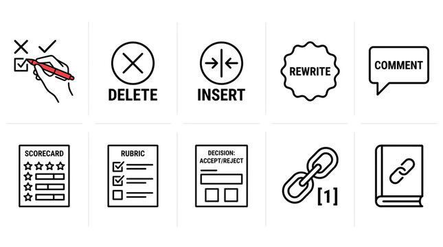 A grid of ten thinline icons depicting various document editing reviewing and formatting symbols on white