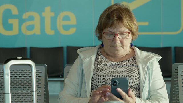 Senior woman uses smartphone while waiting at modern airport boarding gate. Mature passenger checks mobile app for flight info. Active elderly tourist sits with suitcase before departure.