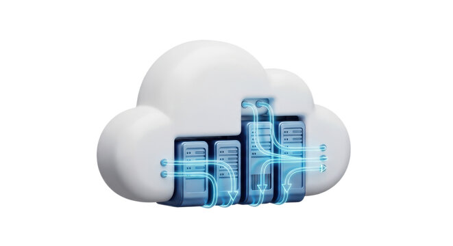 Modern cloud computing infrastructure with server racks and data flow within a cloud service architecture