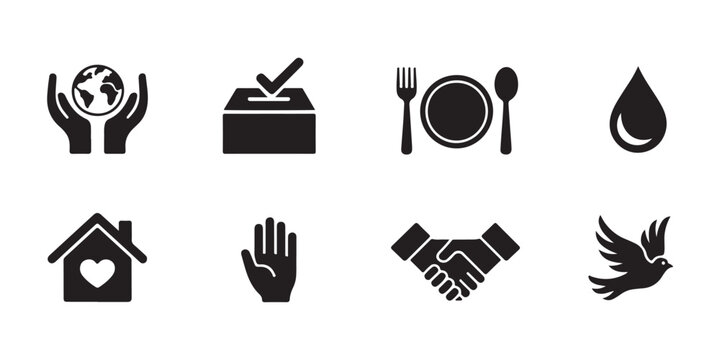 Social support icon set with globe hands vote box dining plate water drop house helping hand and pigeon.