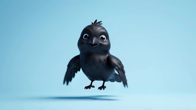 3D animated black crow character wakes up, opens eyes, flaps wings joyfully on blue background.