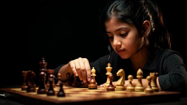 Focused Girl Playing Chess.