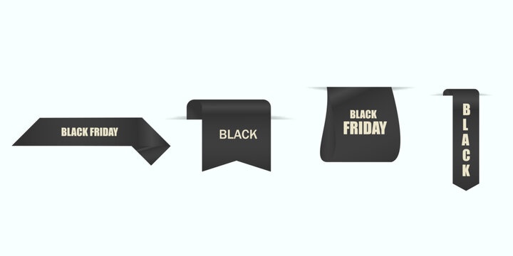 Black Friday set Black Curled Sticker with White Text Isolated on White Background