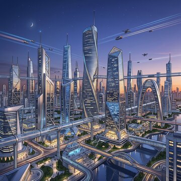 Modern futuristic skyscrapers at dusk cityscape