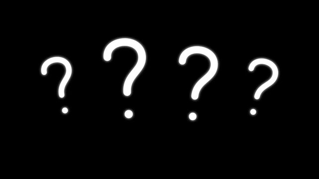 Four animated white question marks on black