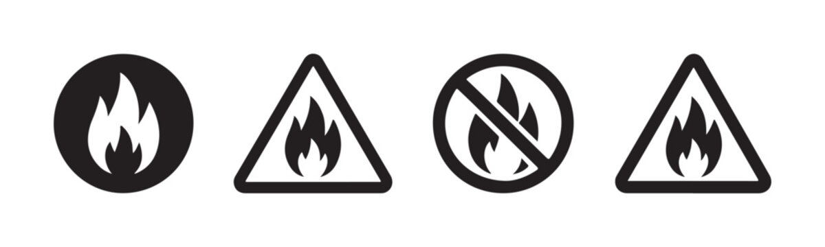 Black flammable warning icons set with fire hazard symbols in solid circle and outline triangle shapes.