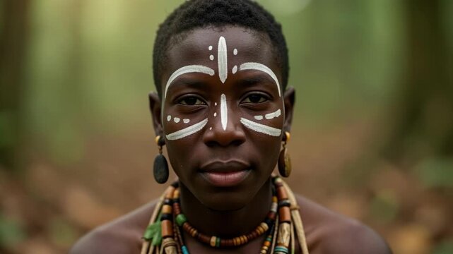 Tribal Face Paint Portrait in Forest.