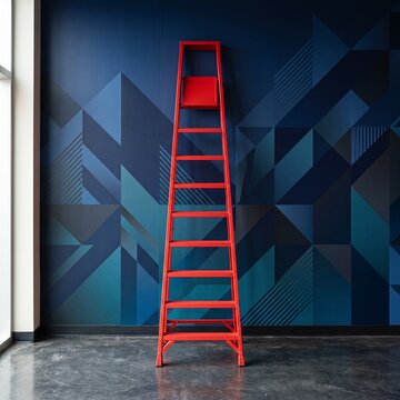 Red step ladder against blue wall