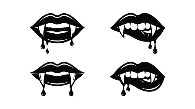 Set of black and white vampire lips with dripping blood