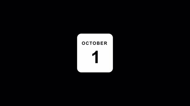 Calendar date animation, October 1 new month reveal on transparent background .New month calendar animation in 4K with Alpha Channel