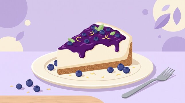 Blueberry cheesecake with creamy filling, violet berry compote and fresh fruit, modern flat design for bakery menus, dessert advertising, recipes, and food branding.