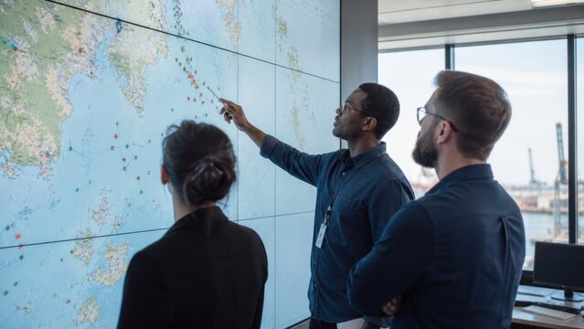 A port operations team observing vessel movements represented by generic dots on a large map wall, panoramic commercial banner view, for