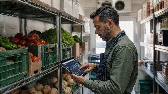 A small grocery owner comparing produce inventory with an abstract demand forecast on a tablet in a storeroom, candid medium action view