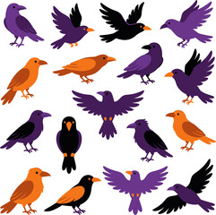 Fototapeta premium Colorful crows in various poses against a white background for graphic design and illustration purposes
