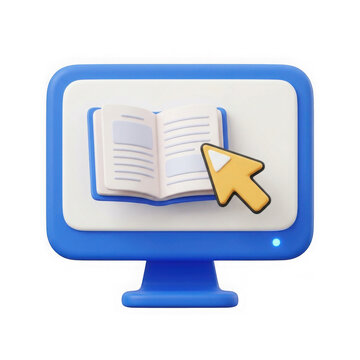 3D computer monitor icon with open book and cursor for online education and e-learning.