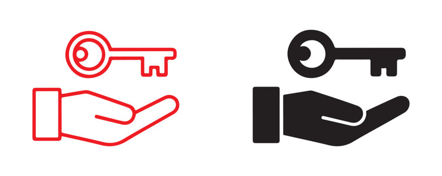 isolated hand holding key line and solid icon set for property and success on transparent background.