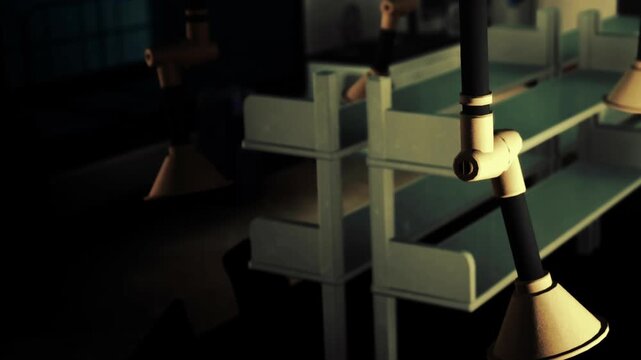 A robot is assembling items in a small workshop. The light is low, creating shadows. Tools and shelves are visible. The setting suggests evening time, with few light sources.