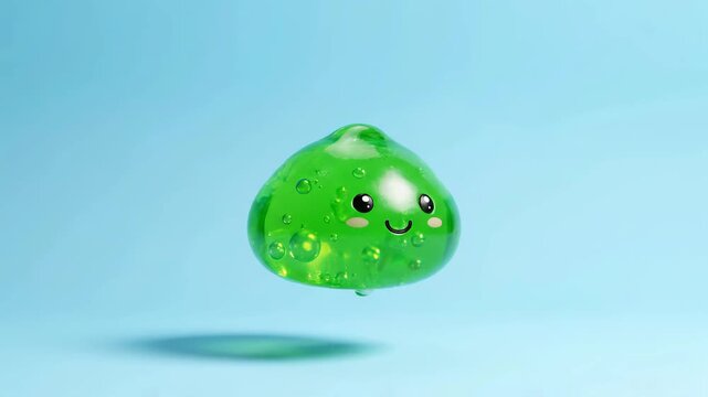 A cute green slime character with a happy face bounces and jiggles on a bright blue background. Playful.