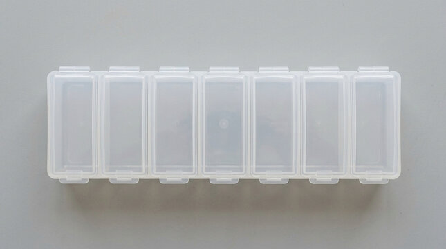 Weekly pill organizer box arranged on clean neutral table surface