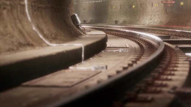 A view shows train tracks curving inside an underground tunnel. The walls are rough, with artificial lights on the sides casting a glow. There are several objects near the tracks.