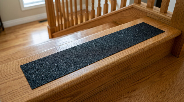 Anti-slip safety tread strip on wooden staircase step