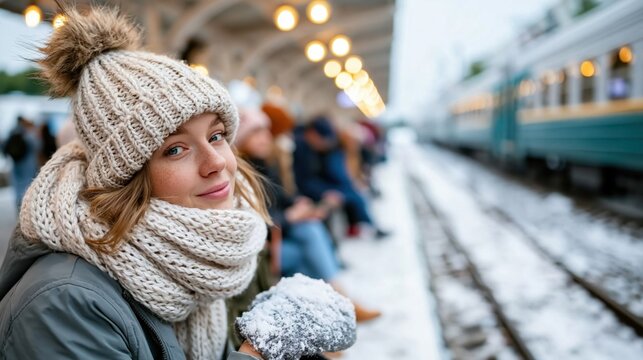 A woman exudes warmth and charm in her winter attire while waiting at a snowy train station, capturing the serene beauty of winter and the anticipation of travel.