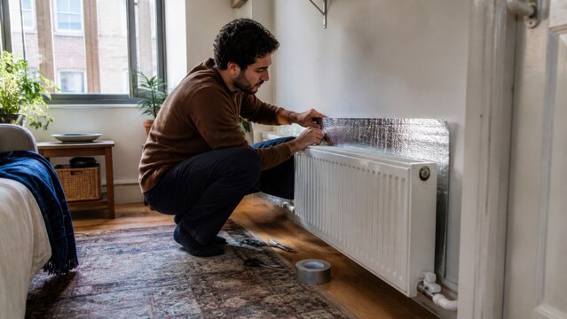 A tenant fitting a reflective radiator panel behind a heater in a compact rental apartment, overhead editorial composition, for technology