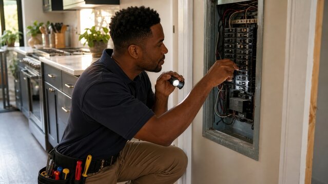 An electrician checking a residential breaker panel before installing an induction cooktop, overhead editorial composition, for technology