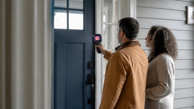 A couple using a thermal camera with an unreadable screen to locate heat loss around a front door, panoramic commercial banner view, for