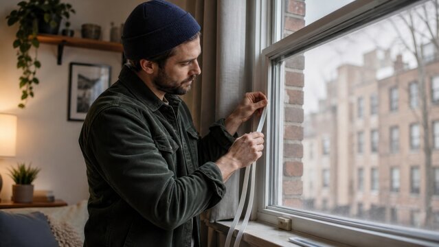 A homeowner applying removable weather sealing around a drafty apartment window on a cold morning, panoramic commercial banner view, for
