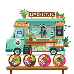 Naklejka premium Healthy Food Truck Serving Fresh Fruit Bowls and Smoothies
