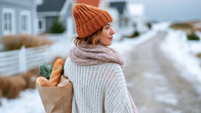 A woman dressed warmly carries groceries while enjoying a winter walk, blending the serenity of outdoor exploration with everyday moments in a snow-laden landscape.
