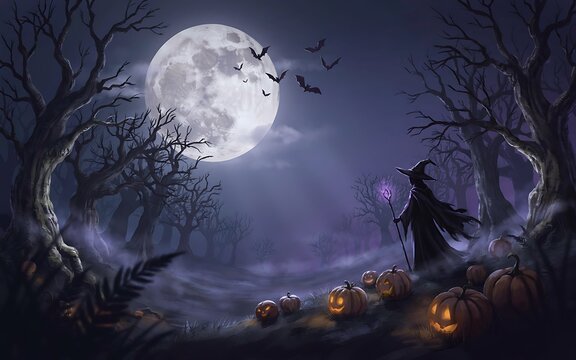 Mysterious witch in black robes holds glowing staff in misty autumn forest at night under full moon with carved pumpkins for creative holiday themed projects.