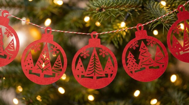 A festive red ornament garland with cut-out tree designs hangs in front of a softly blurred Christmas tree adorned with glowing lights