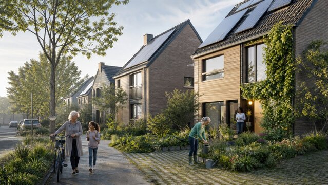 A panoramic row of ordinary renovated homes combining insulation, trees, solar panels and permeable gardens, elevated three quarter view
