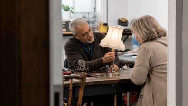 A repair cafe volunteer diagnosing a broken table lamp with the owner nearby, layered environmental composition, for editorial stock use