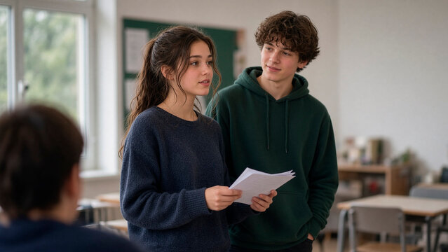 Teenage Students Presenting Paper in Classroom