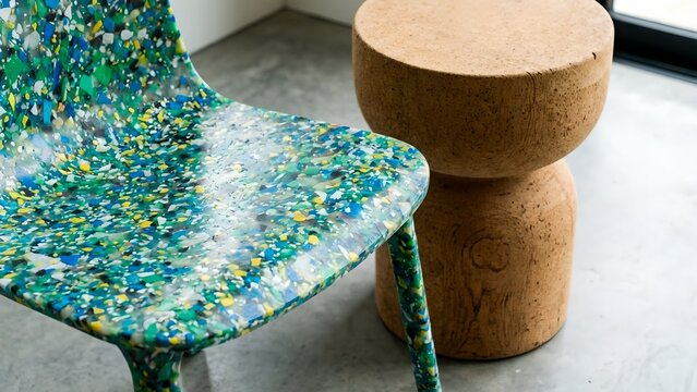 A unique chair made from recycled material next to a stool made from cork. The chair features a colorful mosaic pattern of blues, greens, and yellow. The stool has a natural cork texture
