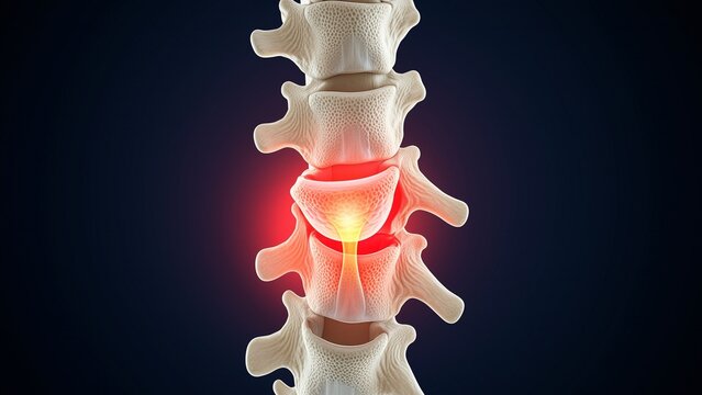 Medical - 3D spine model showing a herniated disc and lower back pain