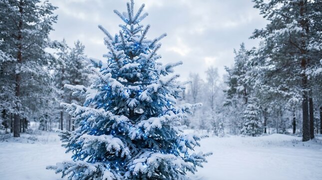 A snow-covered pine tree stands in a winter forest. The branches are laden with snow, and the surrounding trees are also covered in white. The sky is cloudy and gray.