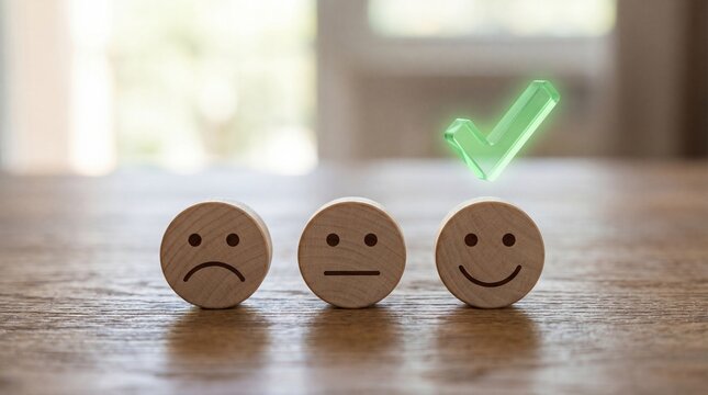 Three wooden emoticon pins arranged on a surface, depicting sad, neutral, and happy faces with a glowing green checkmark above the happy face, signifying satisfaction and positive feedback