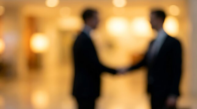 Two businessmen shaking hands in a blurred background of warm lighting. The handshake suggests a deal or agreement has been made, signifying partnership or trust