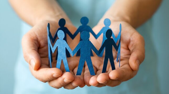 A pair of hands gently holding a circle of paper cutouts of people, symbolizing unity and community