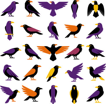 Flock of stylized purple and orange crows in various poses on white background